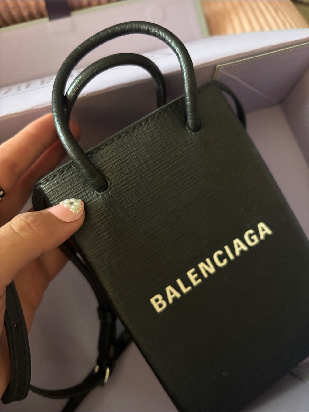 Balenciaga Black Textured Leather Phone Pouch Crossbody - Picture 3 of 4